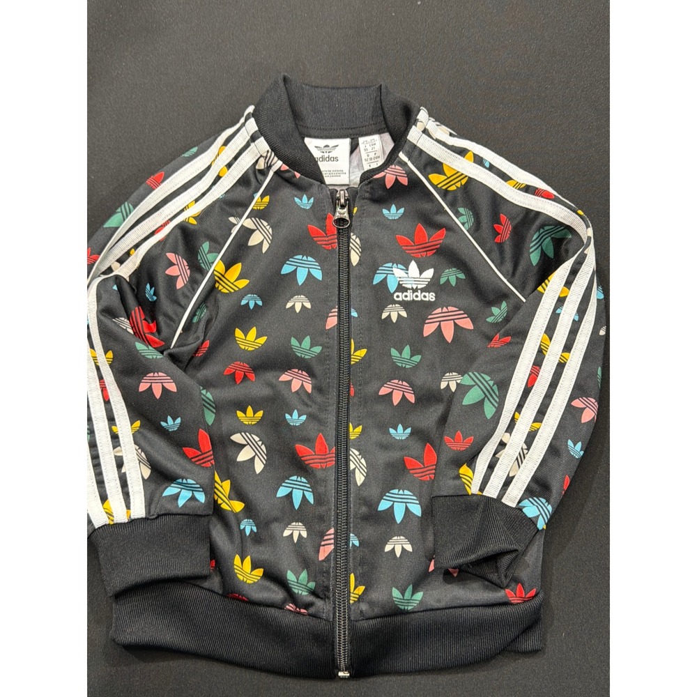 Adidas‎ Track Jacket Girls 2T Black Multicolor Trefoil Monogram Athleisure EUC